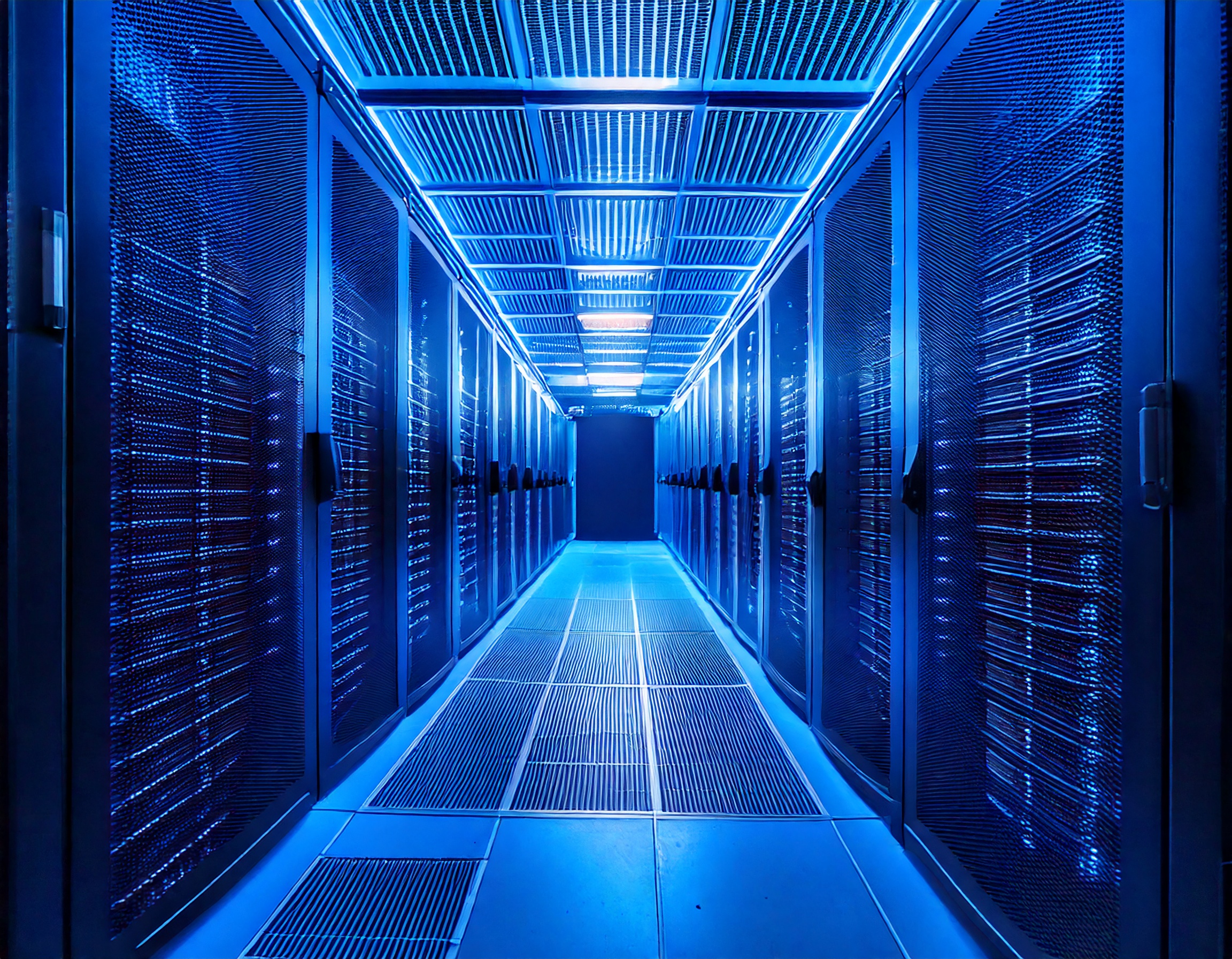 高密度サーバーが並ぶデータセンター内の冷却配管に放熱フィンを設置することで、熱の偏りを防ぎ、省エネと安定稼働に貢献している様子。